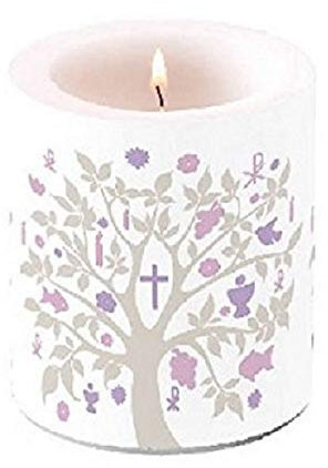 Stumpen-Kerze Windlicht Konfirmations-Kerze LEBENSBAUM weiß taupe flieder beige Tisch-Deko Kirchliches Fest Kommunion Junge & Mädchen Konfirmation Firmung Taufe Hochzeit