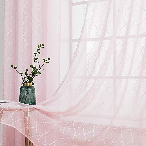 MIULEE Gardinen Vorhang Wohnzimmer 2er Set mit Ösen Transparente Vorhänge Stores gardinen mit kräuselband Stickerei Ösenschal Fensterschal Dekoschal für Schlafzimmer 225 x 140cm (H x B) Rosa