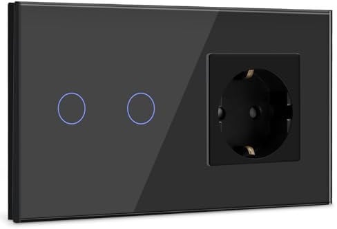 BSEED Interruttore della Luce Touch Con Presa e Display LED - Interruttore da Parete a 2 Scomparti, 1 Via, Touch Screen da Incasso Con Cornice in Vetro Nero (Carico Massimo: 3-500 W)