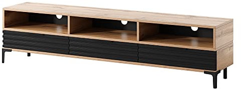 Selsey RIKKE - Meuble TV/Banc TV chêne wotan/Noir Brillant avec LED