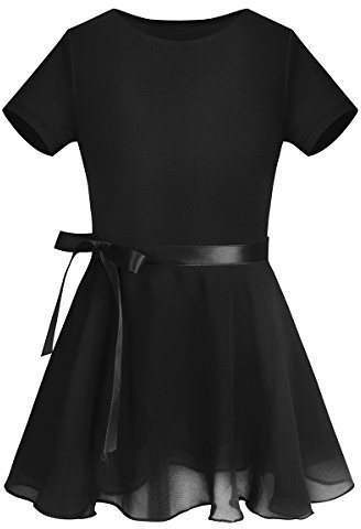 TiaoBug Mädchen Ballettkleidung Set Ballettkleid Ballettanzug + Wickelrock zum binden Tanz Sport Ballett Body Trikot Turnanzug Gymnastikanzug Kurzarm/Ärmellos Schwarz 158-164