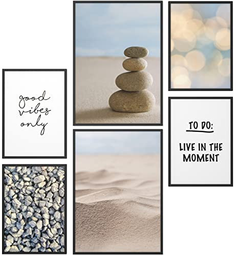 Papierschmiede® Mood Poster Set Meditation, Deko Bilder Wohnzimmer, 2x DIN A4 und 4x DIN A5, Home Decoration Boho Style Sand Steine Entspannung Boho - Wandposter ohne Rahmen