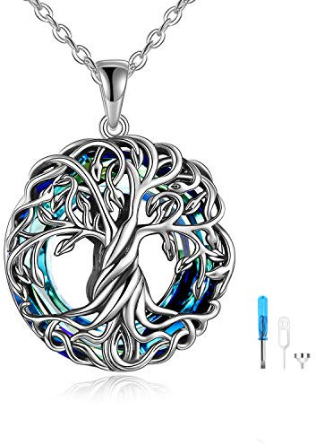 Sterlingsilber Baum des Lebens Urnen-Halskette für Asche, Asche Schmuck für Pet Hund Katze Mensch Asche, Asches Anhänger Kette mit blauem Kreis-Kristall, mit Trichter, Gedächtnisschmuck für Frauen