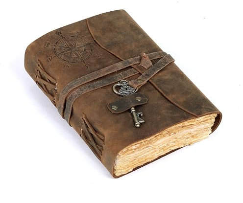 cuero Kompass Leder Notizbuch handgefertigtes Leder Tagebuch mit Büttenrand Papier Braun