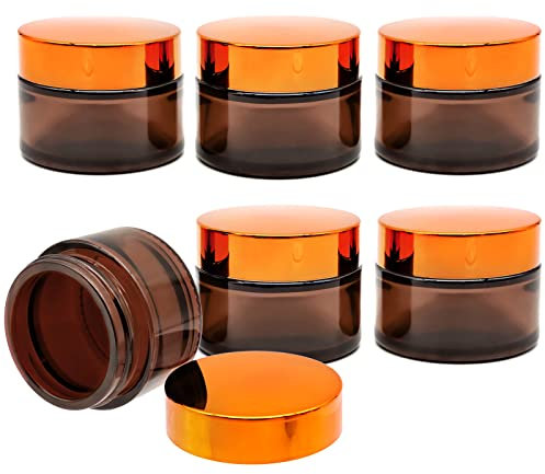 YAXIDAEVER 6 Stück Cremedose Leer,50ml Amber Glas Leerdose,Cremetiegel aus Glas mit Schraubverschluss und Liner,Leere Nachfüllbare Behälter für Kosmetik Cremes Lotionen