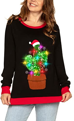 Tipsy Elves Suéteres de Navidad feos para mujer, divertidos y brillantes suéteres para fiestas de invierno y vacaciones, Árbol de cactus (negro, verde y rojo), Large