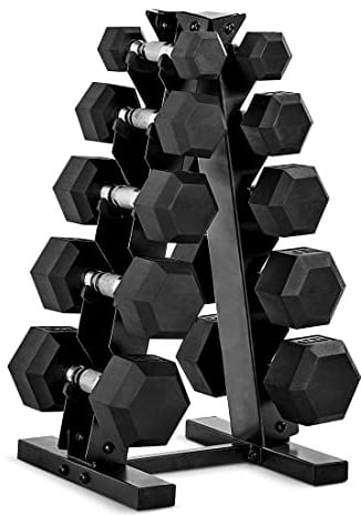 CAP Barbell 150 lb Rubber Coated Hex Dumbbell Set with Vertical Rack, Space-Saving A-Frame Storage for Home Gym Strength Training, Chrome Handle, Black Rack