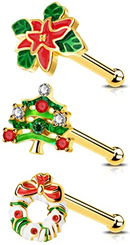 OUFER Body Piercing Nasenpiercing Schmuck 20G Weihnachten Tag Nasenstecker 3 Stück 316L Edelstahl Nasenring Bar Knochen gerade Stecker Piercing