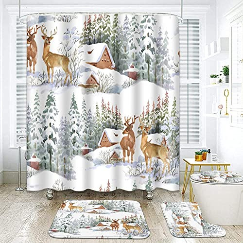 4-teiliges Weihnachts-Badezimmer-Dekorationsset, WC-Sitzbezug, Duschvorhang-Set, Weihnachtsmotiv, Schneemann, Baum, Zwerg, rustikale Wanne, Zimmerdekoration (N1)