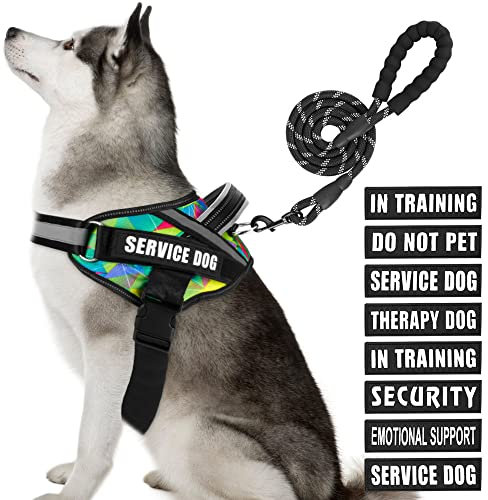 Service Dog Hundegeschirr, Geschirr und Leine, Animire für Training, mit 10 Hundeflicken, reflektierende Hundeleine mit weichem Griff für kleine, mittelgroße und große Hunde, mehrfarbig, Größe XL
