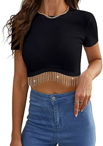 Dresswel Damen Sexy Ärmellos Crop Top Funkelnd Strass Fransen Racerback Y2K Tank Top Rundhals Strick Corset Cropped Tops mit Glitzer Quaste (Kurzarm, Schwarz XL)