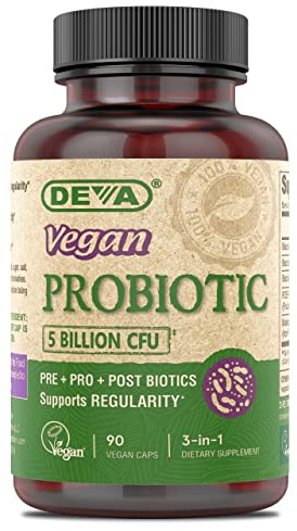 DEVA Vegan Probiotic Supplement - Pre, Pro, and Postbiotics for Digestive Health, 5 Billion CFU, Soil-Based, Spore-Forming, Dairy Free, FOS Prebiotics, for Women and Men, Vegan Capsules, 90 Count