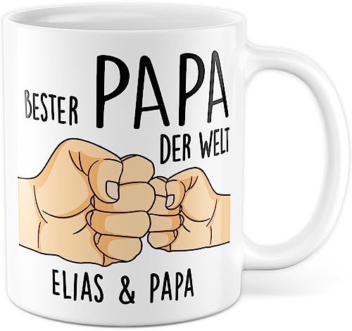 Tasse personalisiert Vater Geschenk, Bester Papa der Welt Name & Name Geschenkidee Vatertag Kaffeetasse mit Spruch Kaffee-Becher eigene Namen personalisierbar Sohn Tochter Geburtstag (Weiß)