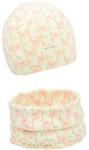 FORUHOO Mädchen Mütze Set mit Schal Kinder Beanie für Herbst Winter Baumwolle 2er (Schal Set: Weiß Kirschblüte,44-48)