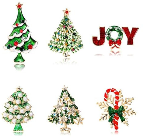 6 Stück Weihnachten Broschen Set mit Strass für Frauen, Wahohousee Kristall Pins Anstecker Weihnachtsschmuck Weihnachtsbäume Schmucknadeln für Weihnachten Dekorationen Give away Weihnachten