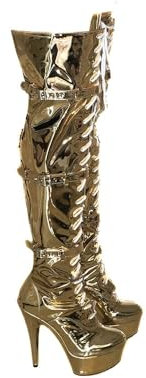 denova's Stivali da donna in vernice da 15,2 cm, tacco molto alto, con lacci, plateau, pole dance, sopra il ginocchio, con cerniera, Oro, 6 US