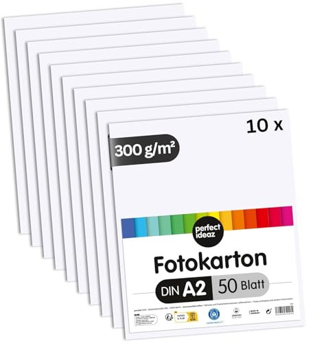 perfect ideaz 500 Blatt Fotokarton DIN-A2, Weiß, stabiler recycling Karton 300 g/m², Made in Germany, Blauer Engel zertifiziert (10 x 50 (500 Blatt))