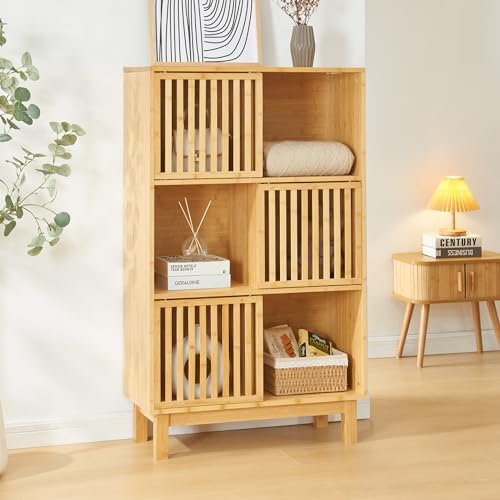 [en.casa] Bibliothèque Style Scandinave avec 3 Portes Coulissantes 6 Compartiments de Rangement Étagère Autoportante pour Salon Chambre Bambou 126 x 76 x 33 cm Naturel