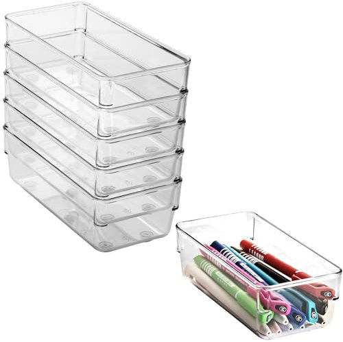 Lot de 6 systèmes de rangement de tiroirs 16 x 8 cm transparent transparent 5,5 cm de haut antidérapant – Organiseur pour coiffeuse, cosmétiques, salle de bain, cuisine, bureau, boîte à couverts