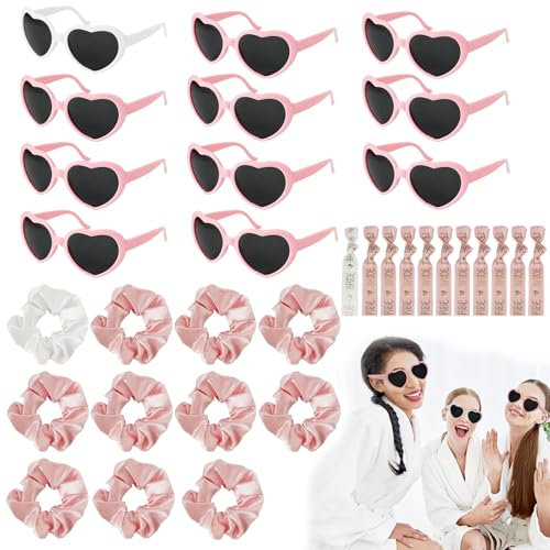 PEAKTOP 33 Stück Brille Team Braut Armbänder, Brille Team Braut Haargummi, Braut To Be Herz Brille Set, 11 Herzförmige Brille+11 Bride Haargummi+11handgelenkband, Party Sonnenbrille Team Bride