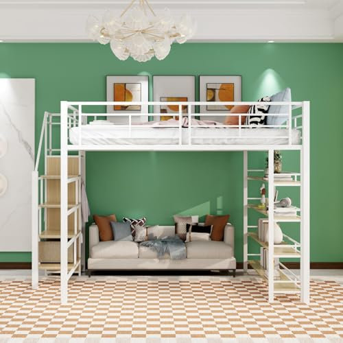 PUGSDRLY Letto a soppalco a 2 posti, letto per bambini, letto a soppalco per bambini, 140 x 200 cm, con scala di sicurezza, spazio di archiviazione e piccolo armadio, scaffali, design ad alta