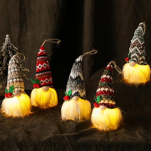 Kinyoda 5 Piezas Adornos De Navidad Gnomo, Gnomo Navideñ Decoración con Luz Led, Elfo Navidad Muñeco, Luces de gnomo de Navidad,Muñeco Sin Rostro Gnomo para Puerta Chimeneas Mesa,Navidad Decor Regalo