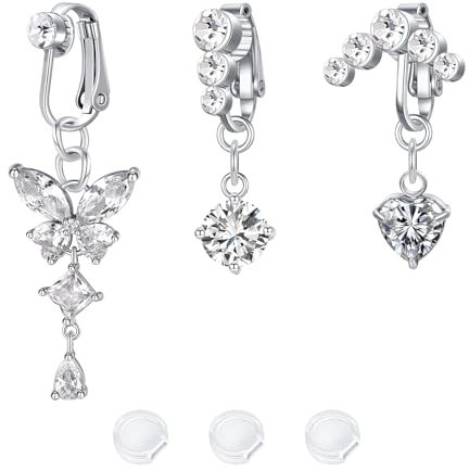 LAURITAMI 3 Pièces Faux Piercing Nombril avec CZ Cœur Papillon Argent Non Percé Clip Fake Anneaux de Ventre Con Pendentif
