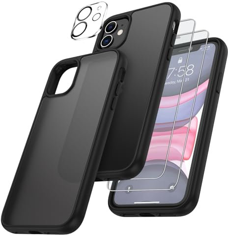 FLLAO 4 en 1 Funda para iPhone 11 con 2 Protector Pantalla y 1 Protector Lente Cámara, [Almohadilla de Aire integrada] Antigolpes Antiarañazos Carcasa 6,1 Pulgadas, Negro Vintage