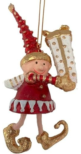 ecosoul Kleiner Weihnachtsmann Elf Gabenträger Weihnachten Deko Hänger Christbaumschmuck 12 cm verziert 1 Stück (rot-weiß-Gold mit Geschenk)