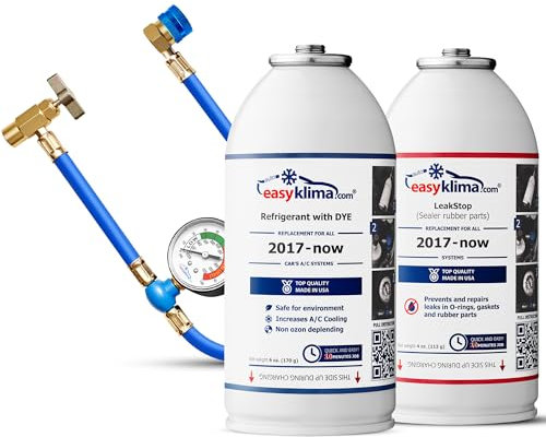 EasyKlima AC Aufladekit Starter Pack mit LeakStop - Air Con Gas, Schlauch mit Manometer - Einfaches, Schnelles Klimaanlagen-Reparatur- und Regas-Kit für Fahrzeuge der Baujahre 2017 - bis heute