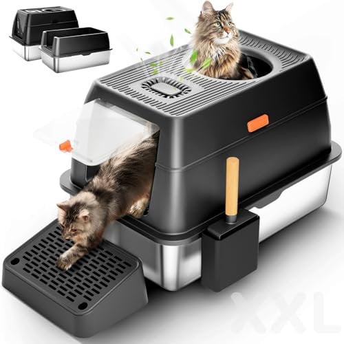 Arenero Acero Inoxidable Gatos XXL, Arenero Gatos Cubierto, Caja de Arena Abierta con Pala de Metal, Alfombrilla de Doble Capa, Borde Alto, Caja Grande para Gatos Grandes - Negro