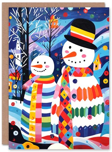 Artery8 Snowman Couple Colourful Folk Art Blank For Him Or Her Art Xmas Festive Christmas Card
