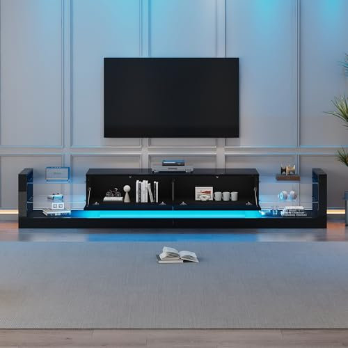 BTM Meuble TV Noir avec Éclairage LED, Meuble TV 180cm de Longueur avec Tiroirs et Compartiments, Banc TV en Verre pour Salon, Charge de 50kg, pour Télé de 80 Pouces, 181x38x38cm, Noir