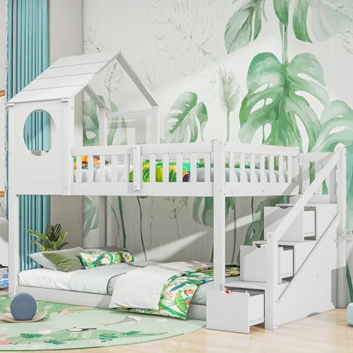 Merax Wooden Bunk Beds for Kids, 3FT Loft Bed with Storage Ladder, Guard Rail, and Treehouse Canopy Design, Space-Saving Single Bed with Slatted Frame, White, 90x190 cm (No Mattress)