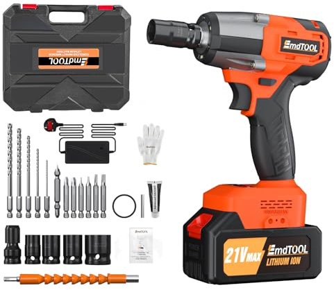 Cordless Impact Wrench,1/2 Brushless Power Impact Gun,2500RPM Electric Wrench with 4 Sockets, 12PCS Screwdriver Bits, Large Capacity Battery & Carry Box for Car Home (Orange)
