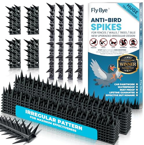 Fly-Bye Anti Bird Spikes - 12m Coverage with 5000+ Spikes (2 Pack) - Pigeon and Bird Deterrent for Walls, Fences, Roofs - Irregular Design for Effective Cat and Bird Control Outdoors