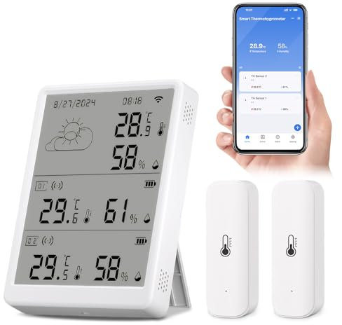 Chatthen Termometro Wifi, Higrometro Termometro Exterior, Higrometro Digital Rango Inalámbrico de 100M, Almacenamiento y Calibración de Datos, Termometro Digital casa 2 Sensores y 1 Estación Base