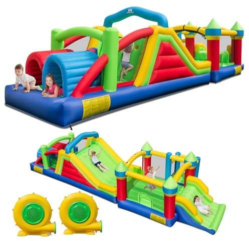 COSTWAY Inflatable Bounce House, Giant Kids Bouncy Castle with Blower, Dual Slides, Obstacles, Tunnels, Climbing Wall, Trampoline, for Boys Girls 3-10 Years Old