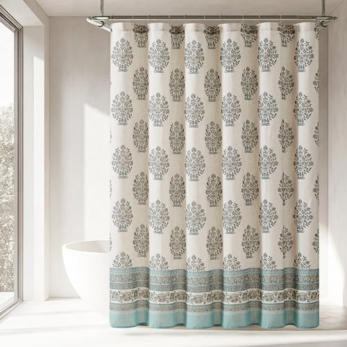 Lush Decor Sofia Duschvorhang mit Blumenmuster, 182,9 x 182,9 cm, Blaugrün, Badvorhang, Blockdruck, floraler Duschvorhang, Vintage-Boho-Dekor