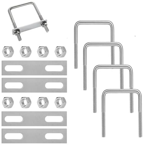Jiavlyx 4 Piezas Perno En U Cuadrado, M8*120 * 60mm Pernos En U, Tornillo En U Aceros Inoxidables, Tornillos En U, Pernos En Forma De U, Abrazadera Cuadrada Pernos, Con 4 Pletinas Y 8 Tuercas
