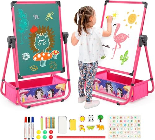 Siairo Kinderstaffelei, Kinder Staffelei Magnetische Kreidetafel & Whiteboard, Höhenverstellbar 29.5inch-44inch, 360 Grad Drehbare Kreidetafel, Geschenk für Kinder (rosa)