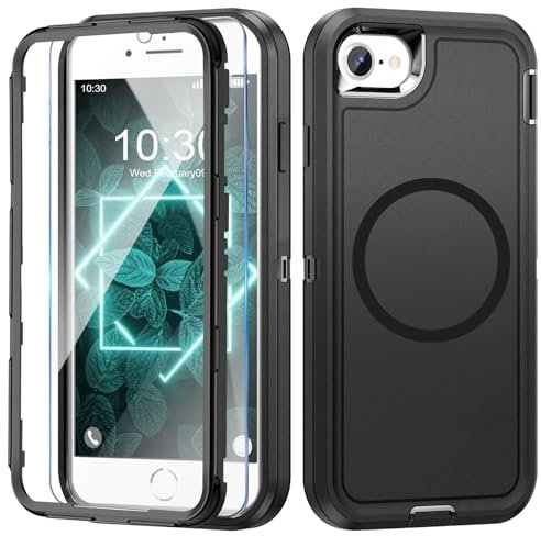 Giyer Handyhülle für iPhone 8 Hülle mit Schutzfolie, 360° Stoßfest Robust Panzerhülle für iPhone 8 Case Cover Schutzhülle mit Magnetisch (Schwarz, Für iPhone 8)