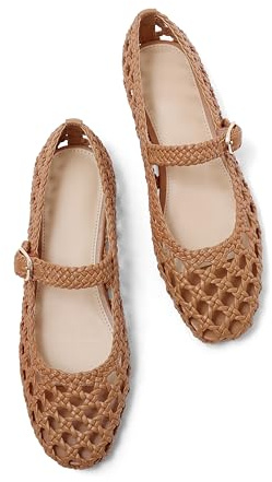USIMAD Woven Mesh Ballet Flats for Women Square Toe Womens Comfortable Buckle Strap Ballerina Flat Shoes Mesh Dress Flats 9 Brown