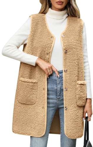 RITOSTA Fleece Women's Gilets Long Lightweight Ladies Jackets Sleeveless Womens Gilet Fluffy Longline Body Warmers Autumn Winter Spring Button Down Fuzzy Vest with Pockets(Khaki,M)