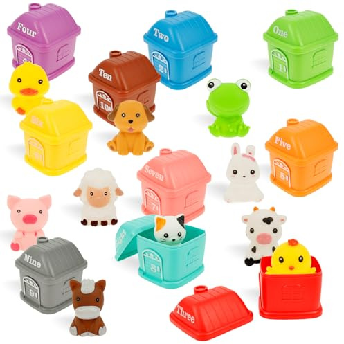 10 Set Farm Animals Toys Baby Toddler Learning Montessori Educational Toys with 10 Animals and Houses Kids Travel Plane Toy Toddlers Gift for Girls Boys Age 3+ Counting Matching and Color Sorting Set