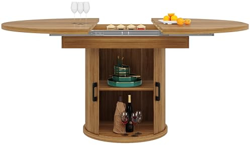 MUZHIXIANG Esstisch Ausziehbar Rund zu Oval, Esszimmertisch mit Stauraum, Küchentisch für 4–6 Personen, Platzsparender Runder Tisch mit Ausziehbarer Tischplatte für Wohnzimmer Küche Balkon (Walnut)