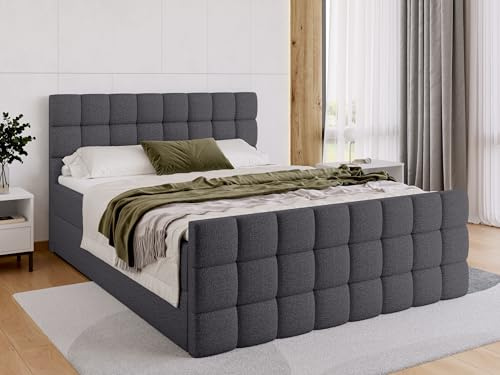 BROMARKT Boxspringbett mit Bonell Matratze und Bettkasten Doppelbett mit Topper 140x200 Härtegrad H3 Bett für Schlafzimmer gepolsterte Kopfstütze Dakota Duo Dunkelgrau