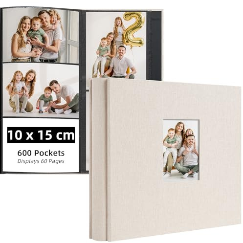 Remowith Fotoalbum Einsteckalbum 10x15 cm Photo Album für 600 Fotos im Hoch- und Querformat Fotoalbum Groß mit Stoffcover und Fenster Ideal für Hochzeit Familie Reisen und Babywachstum, Cremeweiß