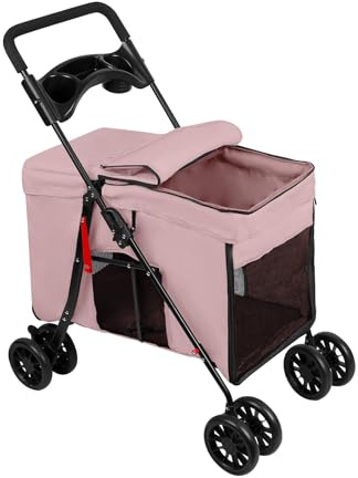 Homewell Hundewagen, Hundebuggy, Kinderwagen für Katzen/kleine Hunde, Jogger Buggy für Haustiere mit 2 fenster reißverschluss Getränkehalter, Bis 20kg (Rosa)