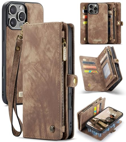 XSPS Magnetic Wallet Phone Case For iPhone 13 Pro Max, Detachable RFID Blocking Folio Cover with 8 Card Slots & Kickstand, Premium Faux Leather Zipper Pocket Case for Travel (Brown)